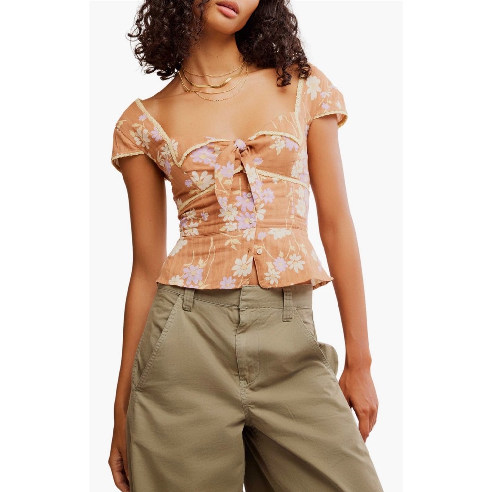 Free People Call Me Baby Cap Sleeve Button Up Shirt in Meerkat Combo Size Large